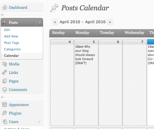 Screenshot of Editorial Calendar plugin borrowed from the plugins directory