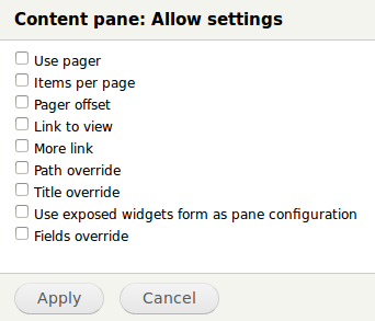 Allowed settings for a Views content pane